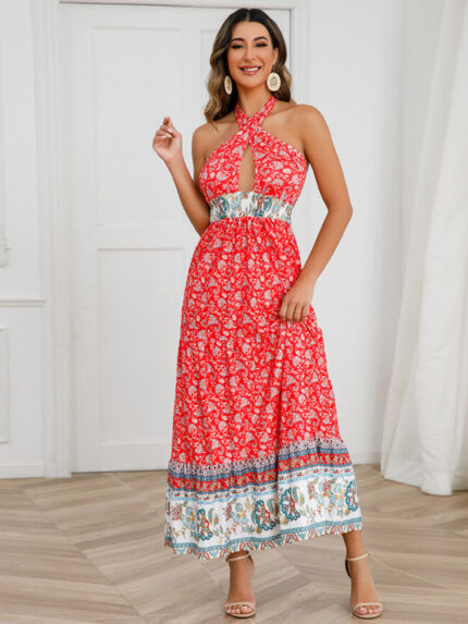 Wholesale Bohemian Cutout Backless Floral Dress