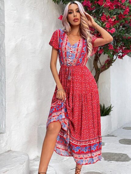 Wholesale Boho Floral V-neck Button Dress