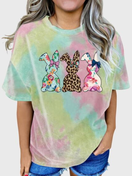 Wholesale Bunny Tie dye Print Short Sleeved T-Shirt