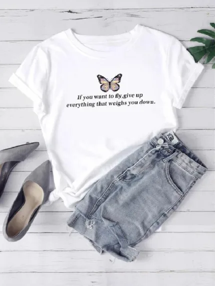 Wholesale Butterfly Slogan Print Short Sleeve T-shirt