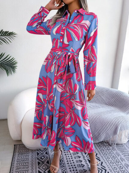 Wholesale Contrast Floral Lapel Tie Shirt Dress