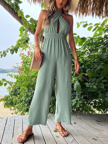 Wholesale Cross Tie Backless Solid Color Jumpsuit