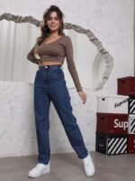 Wholesale Dark Blue High Rise Loose Jeans