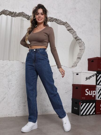 Wholesale Dark Blue High Rise Loose Jeans