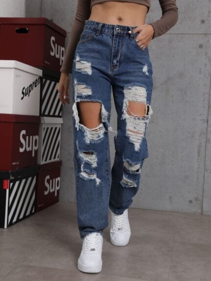 Wholesale Dark Blue Ripped Cutout Jeans