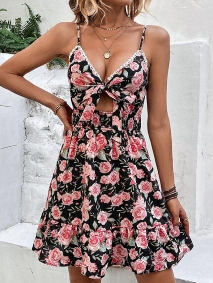 Wholesale Deep V Hollow Slim Printed Sling Dress