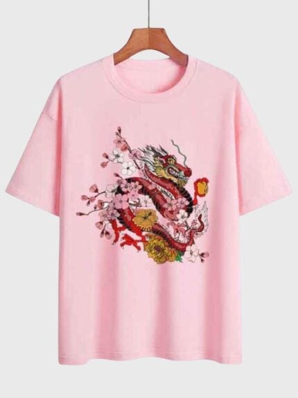 Wholesale Dragon And Flower Print Short Sleeve T-Shirt