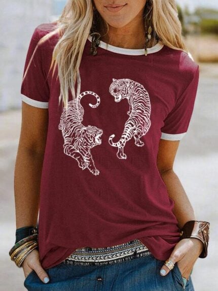 Wholesale Fashion Tiger Contrast Short Sleeve T-Shirt