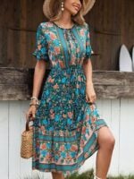 Wholesale Floral Round Neck Button Dress