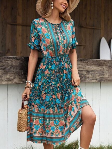 Wholesale Floral Round Neck Button Dress