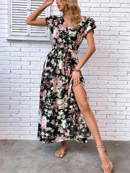 Wholesale Floral Ruffle V-Neck Dress