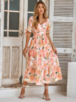 Wholesale Floral V-neck Puff Sleeve Tie Dress