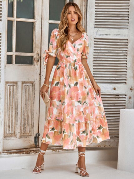 Wholesale Floral V-neck Puff Sleeve Tie Dress