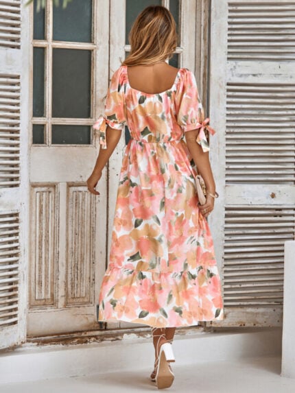 Wholesale Floral V-neck Puff Sleeve Tie Dress