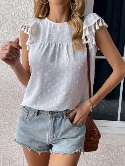 Wholesale Fringe Panel Solid Color Blouse