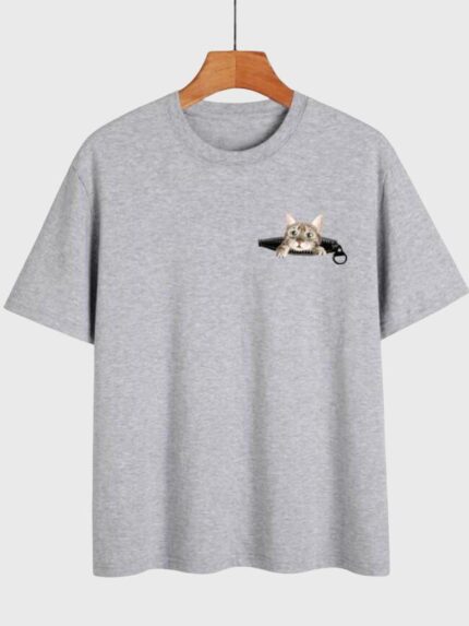 Wholesale Funny Zipper Pocket Cat Print Short Sleeve T-Shirt