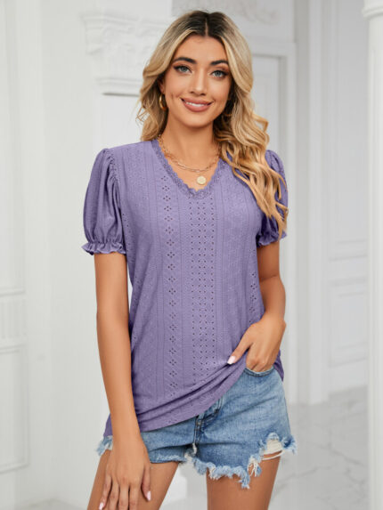 Wholesale Lace Stitching Puff Sleeve Hollow V-neck Tee