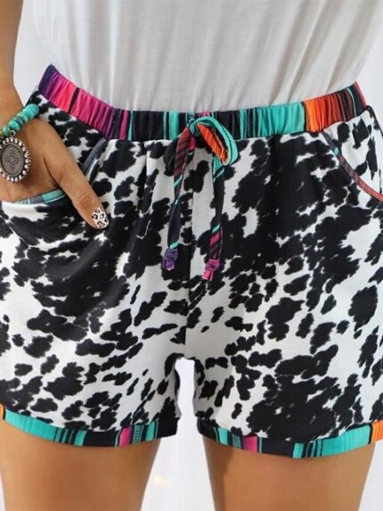 Wholesale Lace Up Leopard Print Colorblock Shorts