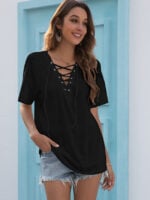 Wholesale Lace-up V-Neck Casual T-Shirt