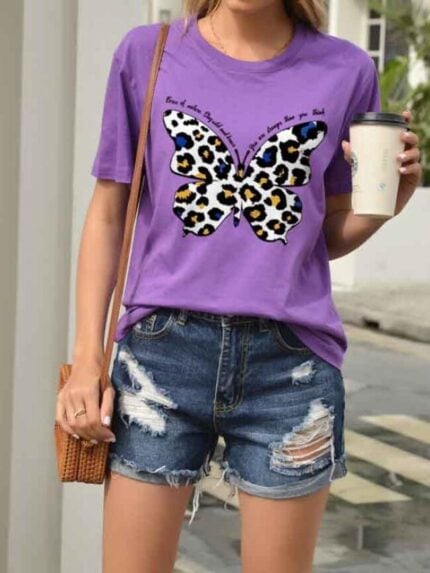 Wholesale Leopard Butterfly Print Short Sleeve T-Shirt