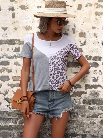 Wholesale Leopard Panel Short Sleeve T-Shirt Top