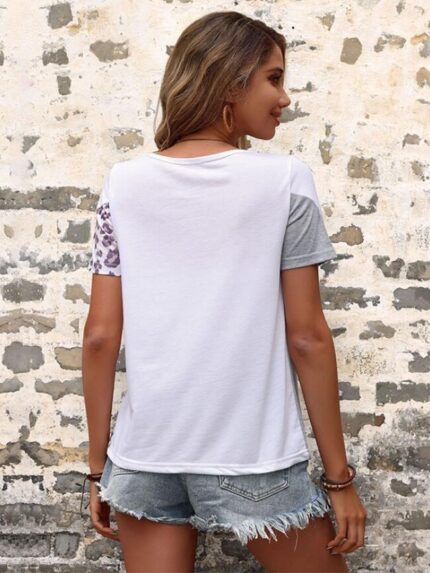 Wholesale Leopard Panel Short Sleeve T-Shirt Top