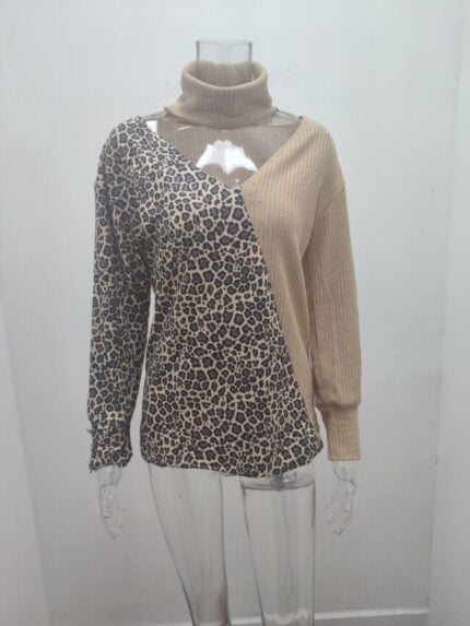 Wholesale Leopard Print Color Block Scarf Knitted Top