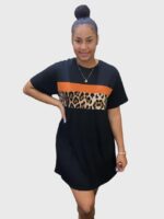 Wholesale Leopard Print Color Block Short Sleeve Dress