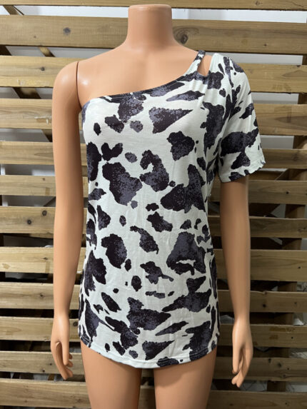 Wholesale Leopard-panel off-the-shoulder short sleeve top