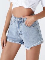 Wholesale Light Blue Frayed Casual Denim Shorts