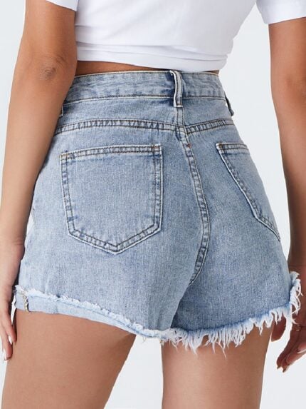 Wholesale Light Blue Frayed Casual Denim Shorts