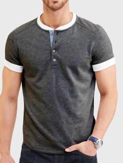 Wholesale Men button front color block short sleeve tee