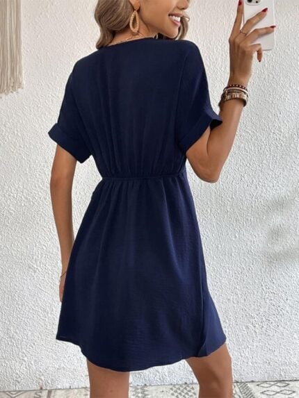 Wholesale Navy Blue V Neck Short Sleeved Tie Dress