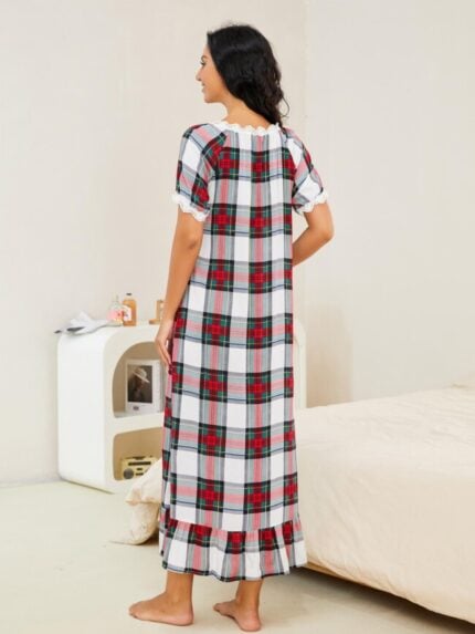 Wholesale Plaid Lace Stitching Ruffle Nightdress