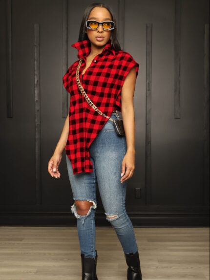 Wholesale Plaid Lapel Irregular Sleeveless Shirt