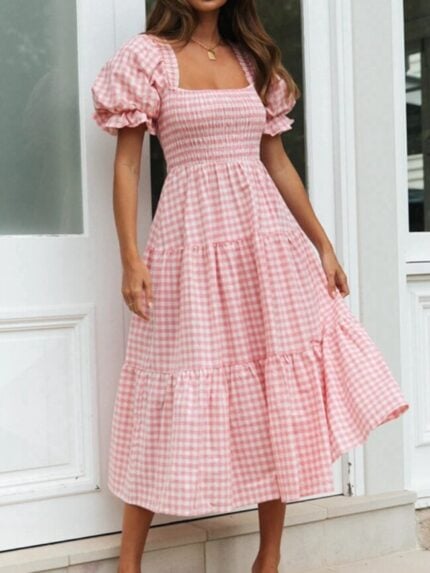 Wholesale Plaid Square Neck Puff Sleeve Dress