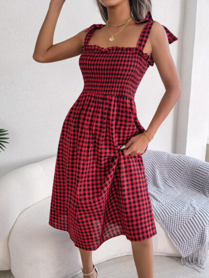 Wholesale Plaid Strap Smocked Summer Dress