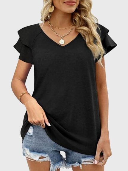 Wholesale Plain V-neck Ruffle Sleeve T-Shirt