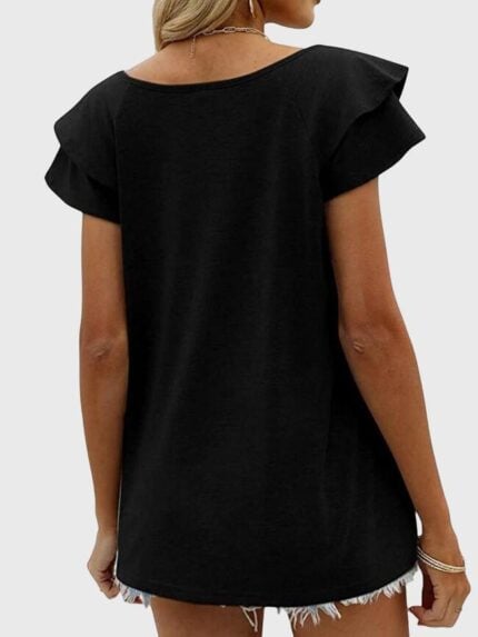 Wholesale Plain V-neck Ruffle Sleeve T-Shirt