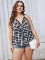 Wholesale Plus Plaid Deep V Strap Halter Top