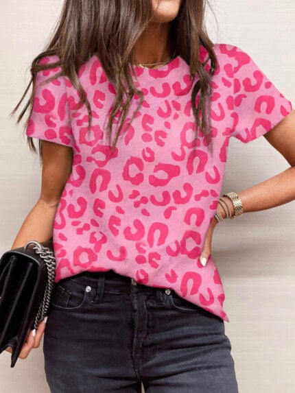 Wholesale Polka Dots Leopard Print Short Sleeve Top