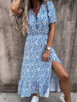 Wholesale Printed Short Sleeve V Neck Slit Dress