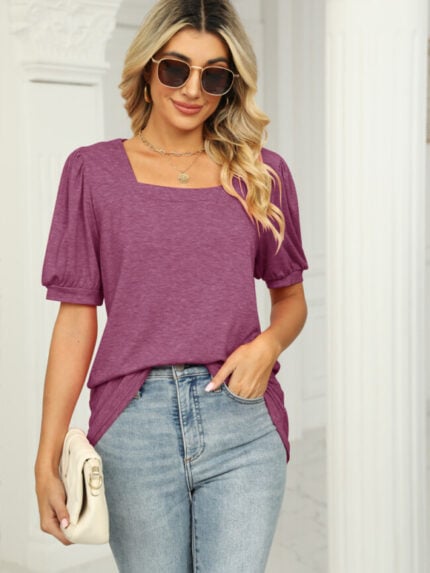 Wholesale Puff Sleeve Square Neck Loose T-Shirt