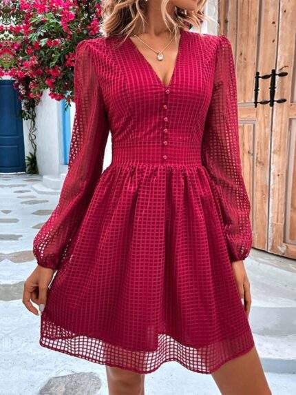 Wholesale Red Plaid Lace V-Neck Dress