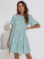 Wholesale Round Neck Floral Ruffle Sleeve Loose Dress