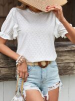 Wholesale Round Neck Hollow Ruffle Sleeve T-Shirt