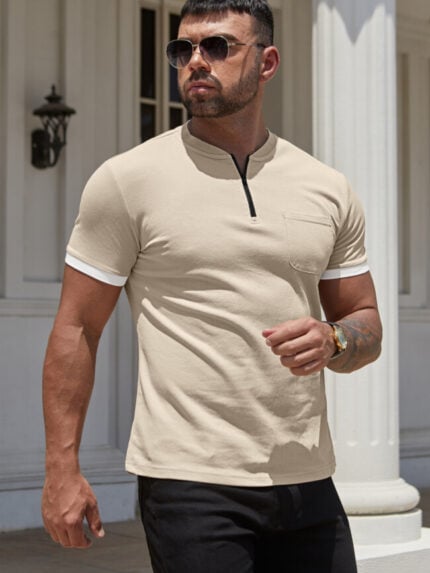 Wholesale Round Neck Zip Short Sleeve T-Shirt