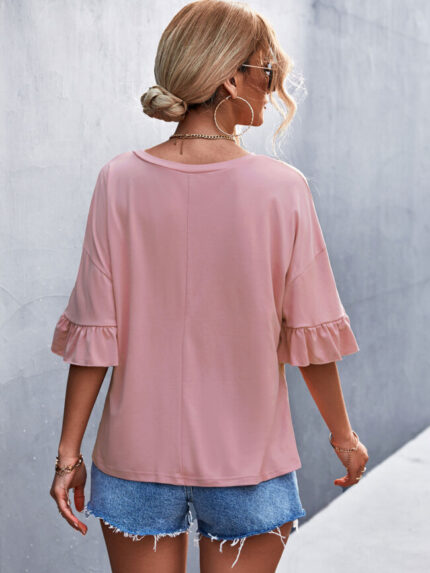 Wholesale Round-neck Double Ruffle Sleeve Top