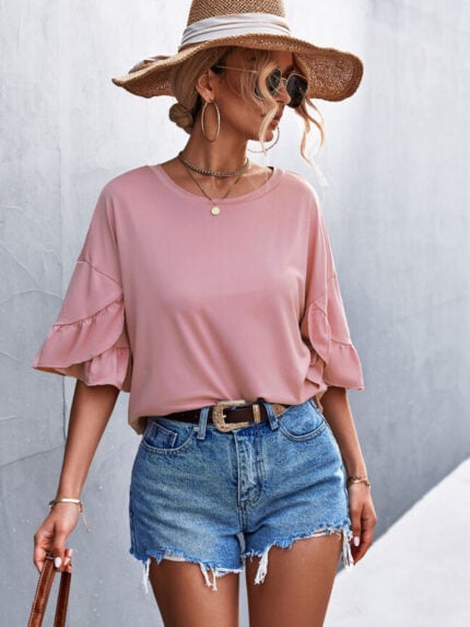 Wholesale Round-neck Double Ruffle Sleeve Top