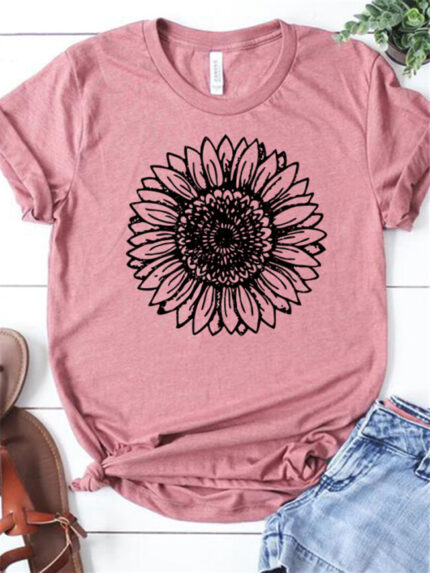 Wholesale Round neck sunflower print T-shirt